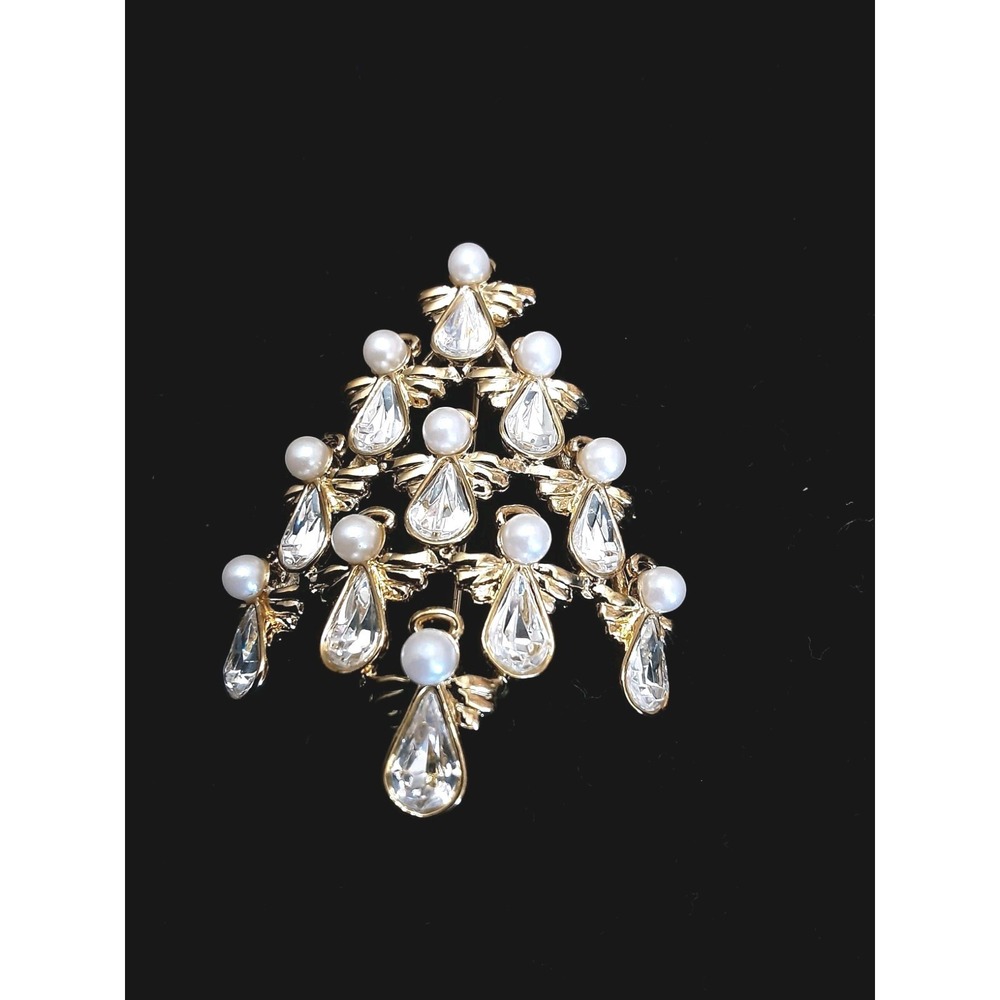 Vtg BW Butler & Wilson Brooch Pin Christmas Tree Angels Faux Pearls Rhinestones